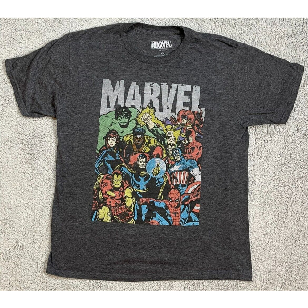 Marvel Heroes Hulk Spiderman Ironman Grey Mens T-Shirt Size Large Vintage Style